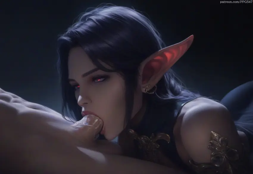 Image female,long_hair,red_eyes,male,oral,penis,earrings,fellatio,dark_skin,ai_generated,bare_shoulders,jewelry,balls,original,original_character,pointy_ears,nai_diffusion,pujopg,torogao,dark-skinned_female,purple_hair,deepthroat,bodsur,realistic,dark_elf,armlet,clothed_female_nude_male