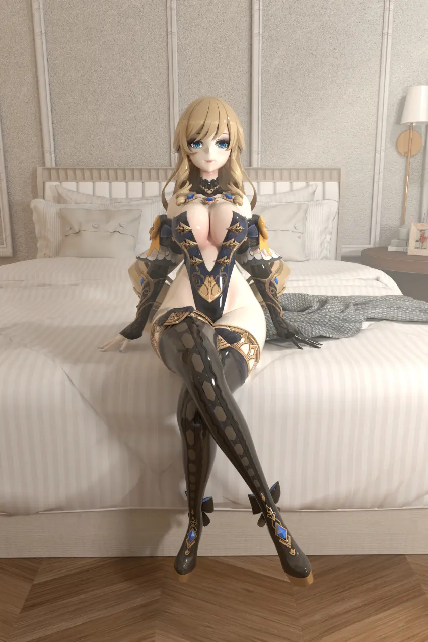Image big_breasts,breasts,female,female_only,gloves,thighhighs,genshin_impact,mascara,leotard,heel_boots,navia_(genshin_impact)