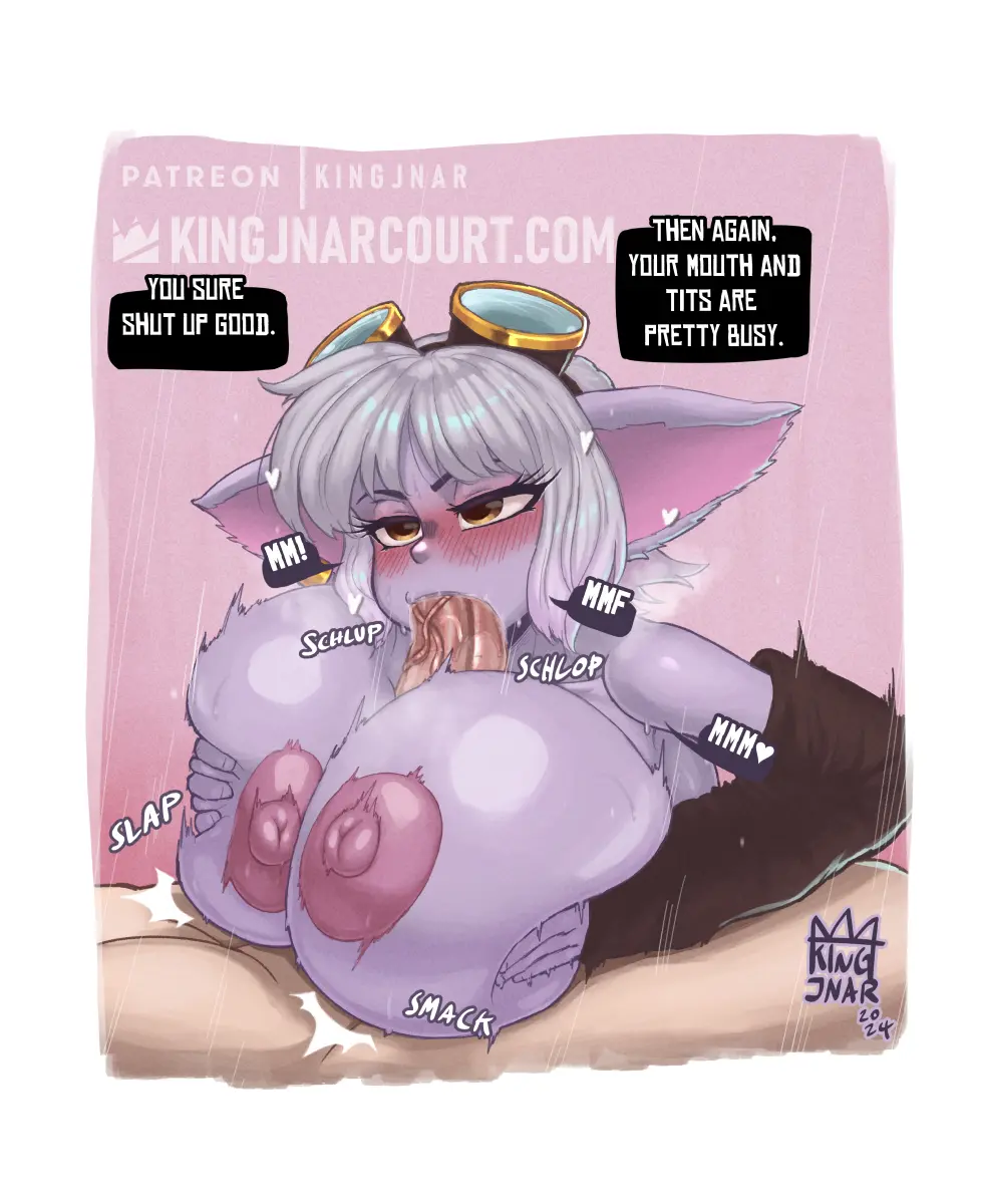 Image 1girls,big_breasts,blush,breasts,female,light_skin,nipples,white_hair,1boy,male,oral,penis,female_focus,fellatio,areolae,huge_breasts,light-skinned_male,purple_skin,pointy_ears,heavy_blush,blowjob,dialogue,english_text,shortstack,purple_body,league_of_legends,big_ears,speech_bubble,yordle,glasses_on_head,riot_games,tristana,paizuri_fellatio,kingjnar