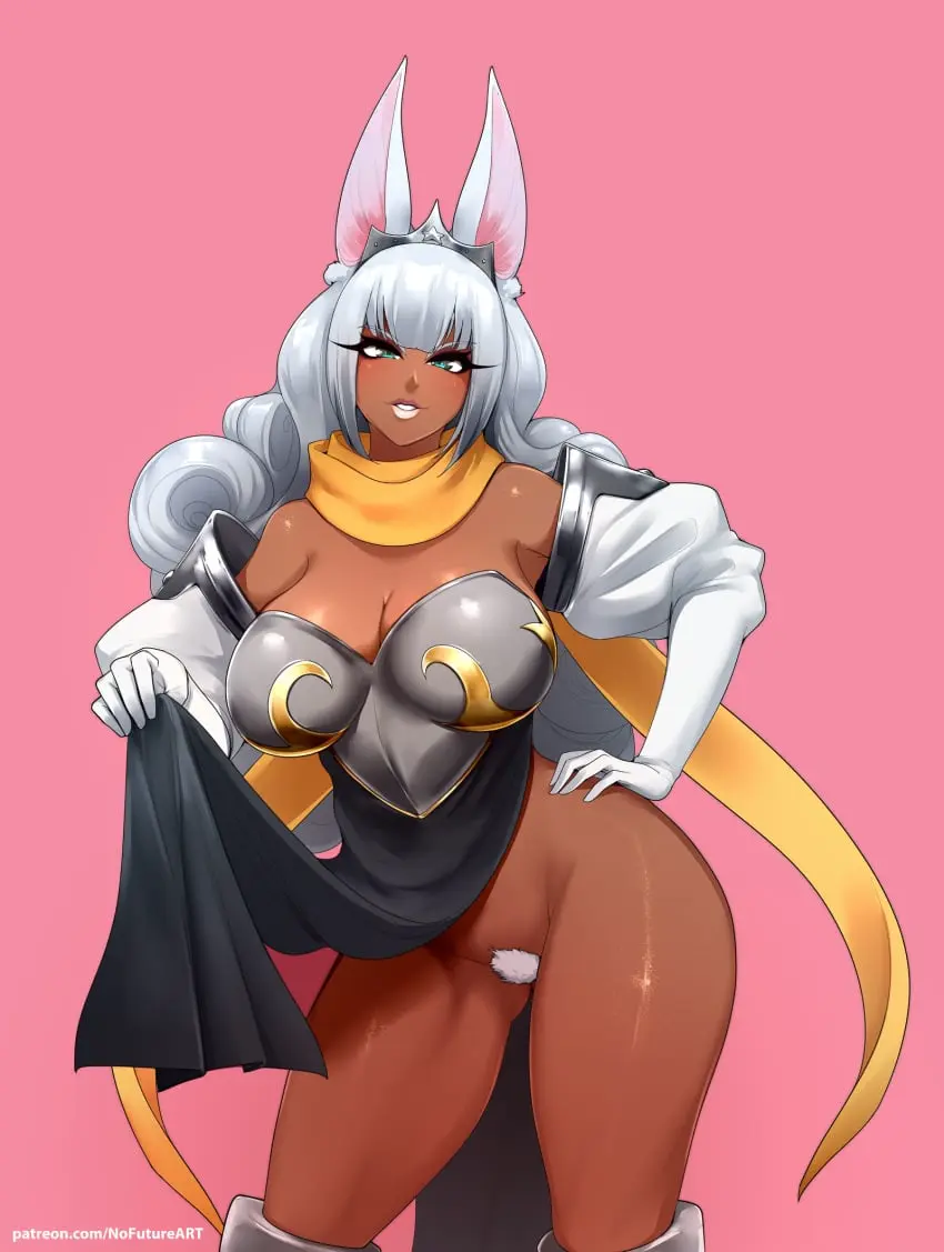 Image 1girls,big_breasts,breasts,female,female_only,hi_res,long_hair,looking_at_viewer,solo,white_hair,blue_eyes,curly_hair,thick_thighs,dark_skin,smiling,smiling_at_viewer,eyelashes,bunny_ears,bunny_girl,dark-skinned_female,hand_on_hip,pubic_hair,no_panties,clothes_lift,scarf,pink_background,fairy_tail,loincloth,white_pubic_hair,nofuture,fairy_tail:_dragon_cry,swan_(fairy_tail)