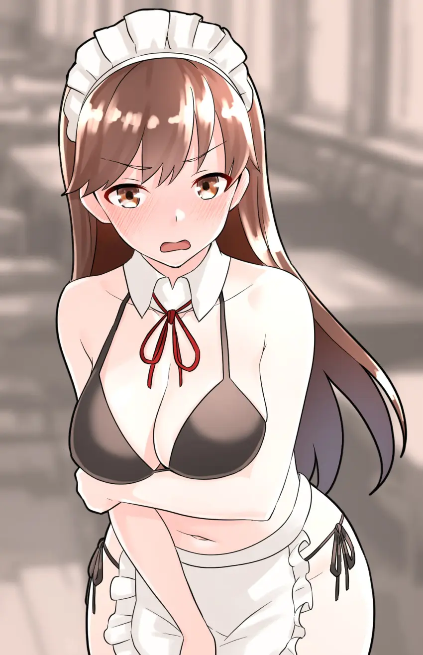 Image breasts,brown_eyes,female,female_only,highres,long_hair,open_mouth,solo,navel,bikini,embarrassed,solo_female,medium_breasts,swimsuit,brown_hair,detached_collar,maid,alternate_costume,black_bikini,maid_headdress,apron,kantai_collection,blurry,blurry_background,white_apron,waist_apron,maid_apron,frills,frilled_apron,side-tie_bikini_bottom,maid_bikini,unconventional_maid,furaggu_(frag_0416),ooi_(kantai_collection)