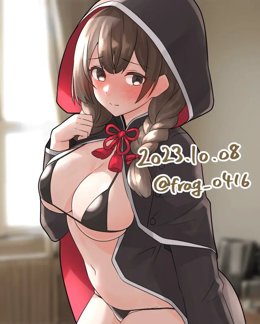 Image breasts,brown_eyes,cowboy_shot,female,female_only,highres,large_breasts,long_hair,solo,bikini,cleavage,solo_female,swimsuit,brown_hair,indoors,braid,twintails,capelet,micro_bikini,black_bikini,hood,dated,window,kantai_collection,twin_braids,black_capelet,furaggu_(frag_0416),black_hood,hooded_capelet,one-hour_drawing_challenge,shinshuu_maru_(kantai_collection)