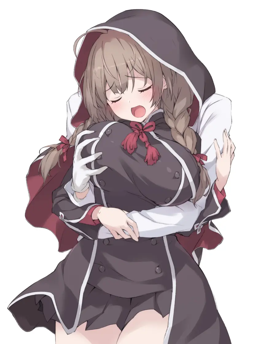Image blush,breasts,cowboy_shot,female,highres,large_breasts,long_hair,long_sleeves,open_mouth,simple_background,white_background,1boy,male,straight,solo_focus,dress,brown_hair,closed_eyes,braid,grabbing,grabbing_another's_breast,ribbon,capelet,black_dress,breast_grab,hood,kantai_collection,twin_braids,red_ribbon,grabbing_breasts,admiral_(kantai_collection),black_capelet,hooded_capelet,shinshuu_maru_(kantai_collection),sakana_(flame_sakana)