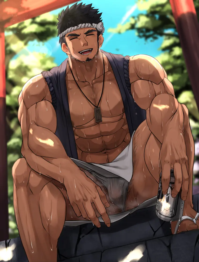 Image nipples,male,sweat,muscular,muscular_male,male_only,yaoi,bara,bulge,fundoshi,male_nipples,sweating,masculine_male,mature_male,bellsaltr,hachimaki,happi_(clothing),senjafuda_(necklace),tasuki