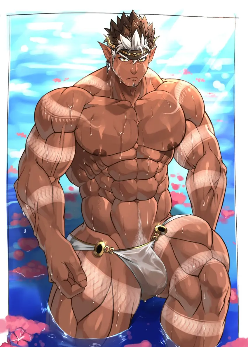 Image nipples,male,penis,underwear,muscular,muscular_male,male_only,yaoi,wet,bara,bulge,male_nipples,penis_outline,tokyo_afterschool_summoners,bellsaltr,tangaroa