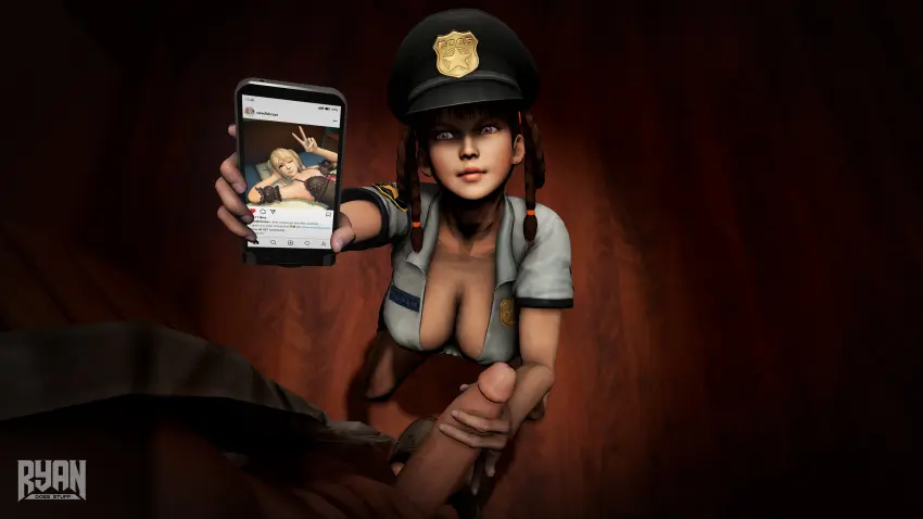 Image 1girls,breasts,female,1boy,male,voluptuous,cleavage,huge_breasts,voluptuous_female,looking_at_partner,curvy_female,3d,pov,twintails,handjob,on_knees,twin_braids,dead_or_alive,police_uniform,police_hat,tecmo,lei_fang,ryandoesstuff
