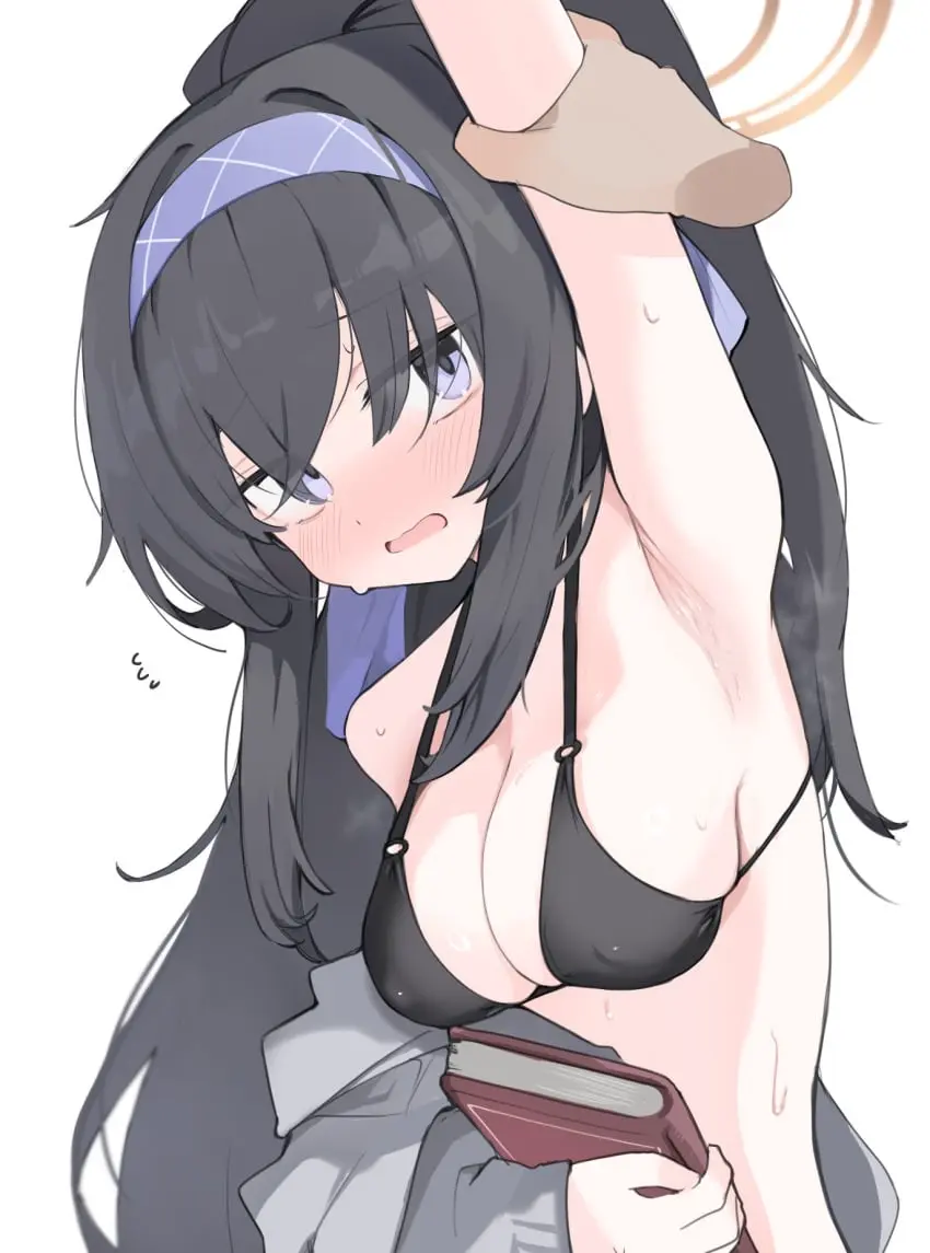 Image blush,female,grey_hair,hair_ornament,black_hair,sweat,blue_archive,bra,armpits,hairband,tied_hair,pale-skinned_female,slim,pale_skin,sweatdrop,holding_object,grabbing,armpit_fetish,surprised_expression,sweating,sweaty,sweaty_body,book,arm_grab,arm_up,shocked_expression,violet_eyes,slim_girl,black_bra,sweaty_armpits,grabbing_arm,slim_female,bra_only,ui_(blue_archive),slim_figure,armpit_peek,wet_armpit,slim_body,eyebags,mikozin