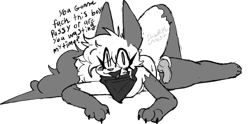 Image hi_res,looking_at_viewer,open_mouth,smile,solo,male,penis,lying,thick_thighs,erection,belly,balls,anthro,text,spread_legs,spreading,on_side,monochrome,slightly_chubby,canid,canine,canis,genitals,mammal,dialogue,claws,paws,slime,big_ears,neckwear,knot,talking_to_viewer,goo_creature,neckerchief,one_leg_up,jackal,raised_leg,kerchief,big_tails,dawrk,dawrklawst
