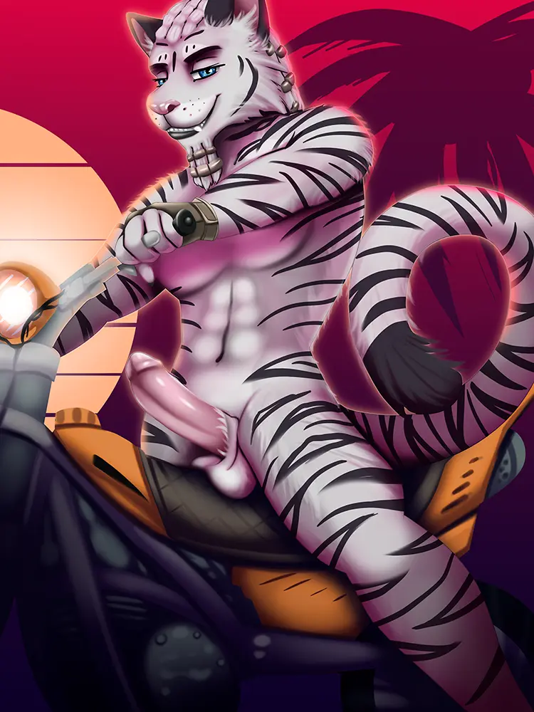 Image clothing,smile,solo,blue_eyes,gloves,male,nude,penis,tail,erection,smiling_at_viewer,male_only,balls,anthro,fur,genitals,mammal,feline,3:4,white_body,male_focus,fingerless_gloves,abs,handwear,white_fur,felid,stripes,vehicle,bethesda_softworks,microsoft,khajiit,the_elder_scrolls,black_stripes,motorcycle,the_elder_scrolls_online,oldoldman,howlrunner
