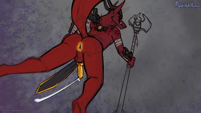 Image hi_res,solo,cum,cum_drip,male,penis,ass,erection,anthro,anus,genital_fluids,bodily_fluids,canid,canine,canis,fur,genitals,mammal,wolf,horn,dripping,red_body,red_fur,16:9,widescreen,orange_anus,orange_penis,brown_horn,orange_knot,meldritchhorror