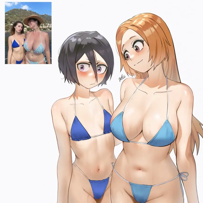 Image big_breasts,breasts,female,female_only,human,2girls,multiple_girls,bikini,small_breasts,duo,beach,petite,bikini_top,skinny,bleach,breast_size_difference,flat_chest,mother_daughter_boob_envy_(meme),tomboy,bleach:_the_thousand-year_blood_war,kuchiki_rukia,smaller_female,breast_envy,redraw,inoue_orihime,waligner