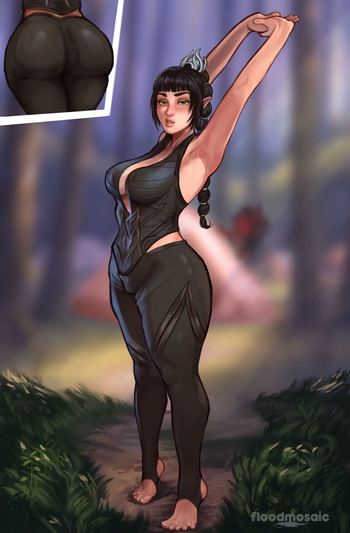 Image 1girls,clothing,female,female_only,human,looking_at_viewer,solo,black_hair,solo_female,fat_ass,thick_ass,pale_skin,tight_clothing,fully_clothed,stirrup_legwear,stretching,baldur's_gate_3,dungeons_and_dragons,baldur's_gate,shadowheart,toeless_legwear,floodmosaic