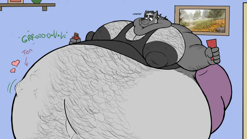 Image big_belly,grey_fur,vore,vore_belly,big_moobs,big_neck,chocolate_bar,gwyn_(tykehictow)