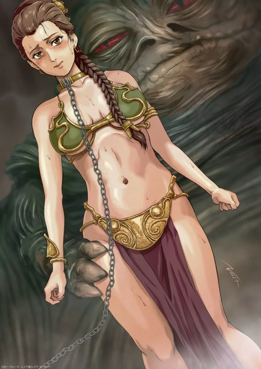 Image blush,breasts,brown_eyes,female,large_breasts,long_hair,looking_at_viewer,sweat,cleavage,brown_hair,collar,revealing_clothes,submissive_female,bondage,femsub,fully_clothed,chains,belly_dancer,belly_dancer_outfit,nervous,chain_leash,chained,jabba's_palace,slave_bikini,slave_collar,slave_outfit,star_wars,braided_hair,slave,jabba_the_hutt,slavegirl,loincloth,harem_girl,harem_outfit,metal_collar,princess_leia_organa,enslaved_royal,slave_leia,nolia
