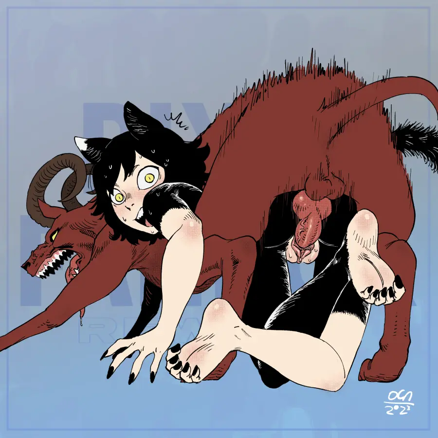 Image blush,female,looking_at_viewer,open_mouth,nude,penis,pussy,sweat,sex,erection,humanoid,cat_ears,balls,mythology,demon,cat_tail,bodily_fluids,canid,canine,genitals,mammal,interspecies,surprised_expression,2024,canine_penis,mythological_canine,mythological_creature,canid_demon,hellhound,feral,zoophilia,dungeon_meshi,delicious_in_dungeon,teratophilia,oca,izutsumi