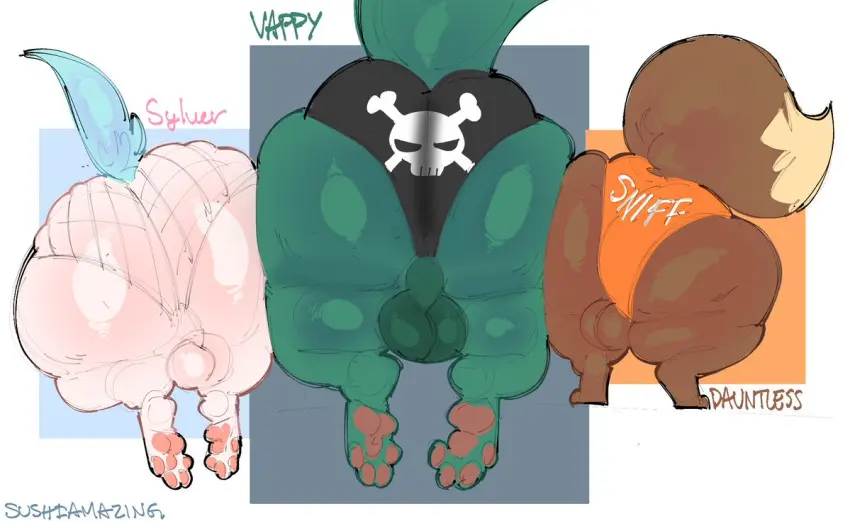 Image clothing,simple_background,eeveelution,male,pokemon,pokemon_(species),tail,lying,underwear,ass,big_butt,huge_butt,thick_thighs,wide_hips,male/male,artist_name,digital_media_(artwork),balls,size_difference,gay,nintendo,fur,genitals,mammal,multicolored_body,paws,ass_focus,sylveon,white_body,generation_6_pokemon,signature,brown_fur,brown_body,white_fur,feral,group,vaporeon,eevee,generation_1_pokemon,translucent,translucent_clothing,butt_size_difference,sushiamazing,sylver_the_sylveon,vappy_(sushiamazing)