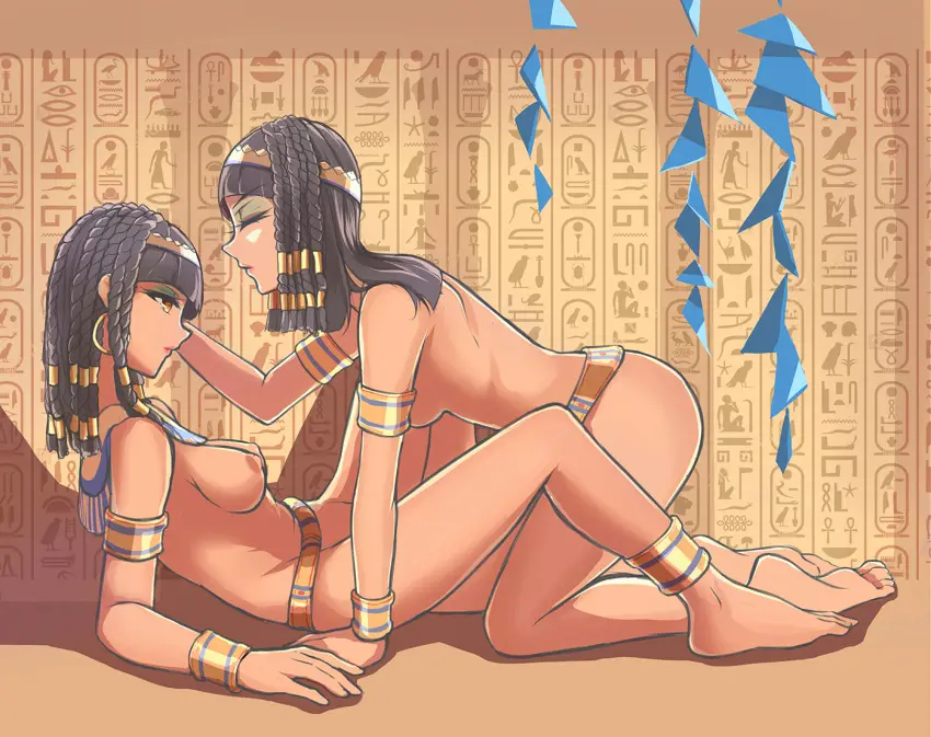Image breasts,female,large_breasts,2girls,black_hair,nude,side_view,nude_female,naked,medium_hair,yuri,belt,egyptian,braided_hair,den_(artist),heiroglyphs