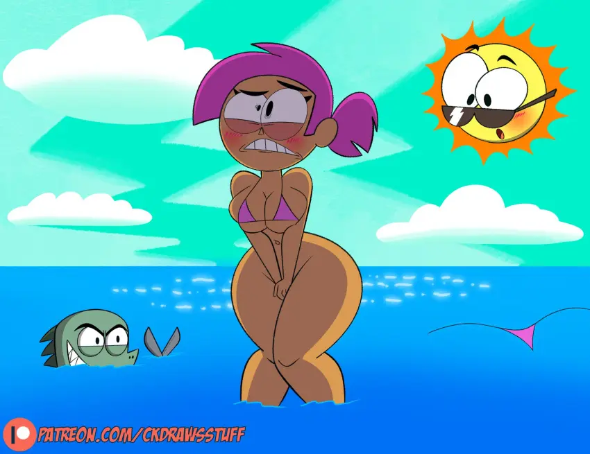 Image 1girls,breasts,female,beach,embarrassed,tagme,bottomless,covering_crotch,cartoon_network,half_naked,embarrassed_nude_female,accidental_exposure,enf,enid,ok_k.o.!_let's_be_heroes,codykins123,lost_clothes,enid_mettle