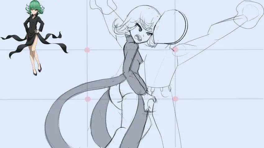 Image female,ass,balls,green_eyes,green_hair,ass_focus,squeezing,sketch,ass_up,femdom,one-punch_man,tatsumaki,squeeze,squeezing_balls,work_in_progress,papersketch