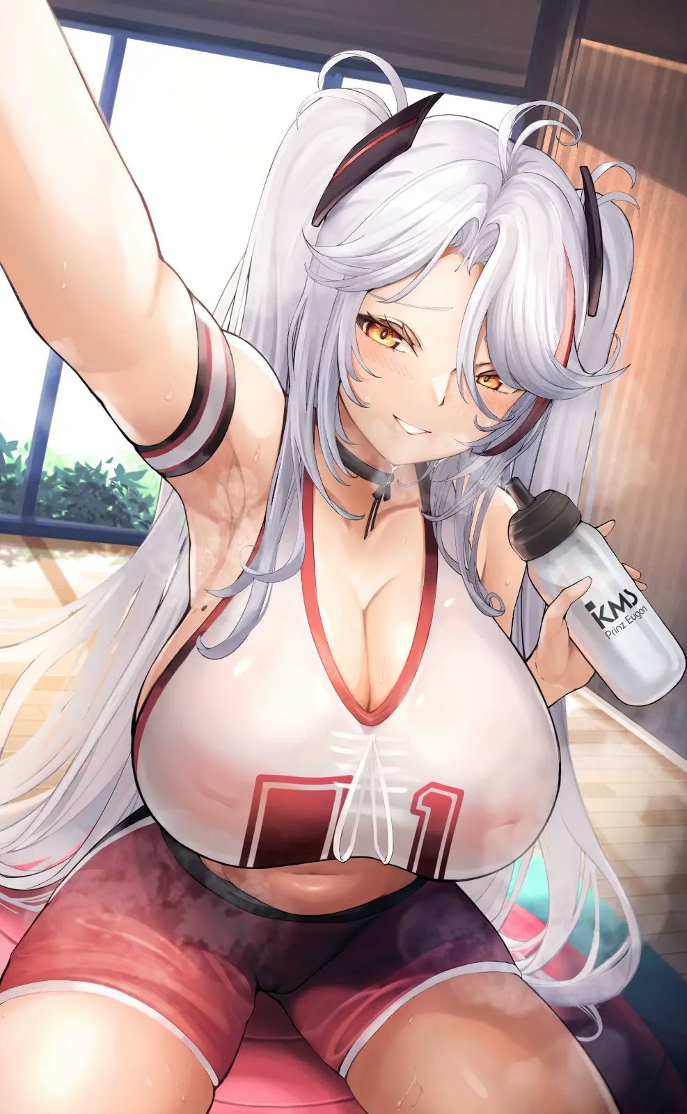 Image 1girls,breasts,female,light-skinned_female,light_skin,long_hair,smile,white_hair,thick_thighs,sports_bra,sportswear,cleavage,huge_breasts,cameltoe,twintails,shorts,azur_lane,iron_blood_(azur_lane),naughty_face,booty_shorts,short_shorts,prinz_eugen_(azur_lane),yusha_(m-gata),prinz_eugen_(brilliant_touchdown)_(azur_lane)