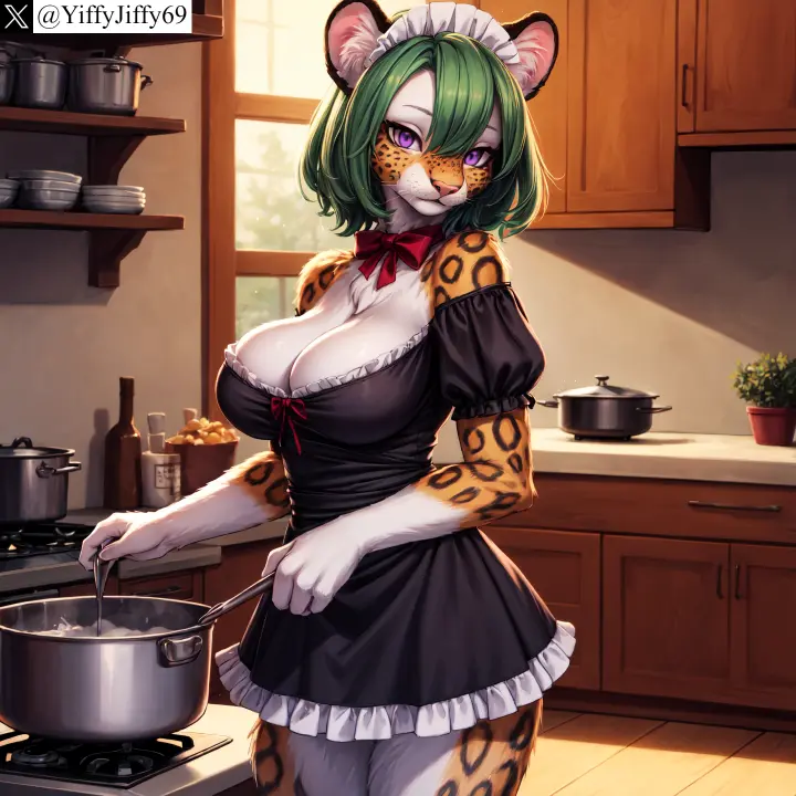 Image bow, breasts, female, large_breasts, looking_at_viewer, solo, animal_ears, short_hair, furry, watermark, ai_generated, artist_name, cleavage, anthro, furry_female, twitter, stable_diffusion, dress, purple_eyes, indoors, green_hair, maid, short_sleeves, black_dress, maid_headdress, feline, 2024, kitchen, bowtie, leopard, twitter_username, yiffyjiffy69, stove