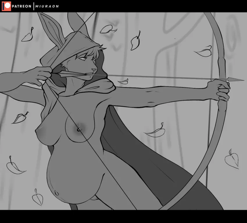 Image big_breasts,breasts,clothing,female,hi_res,nipples,solo,navel,nude,pussy,areola,pregnant,pregnant_female,anthro,nude_female,genitals,holding_object,mammal,5_fingers,tree,hood,hood_up,fingers,holding_weapon,weapon,plant,lagomorph,leporid,nude_anthro,rabbit,arrow_(weapon),bow_(weapon),ranged_weapon,pregnant_anthro,leaf,cloak,miuraon,falling_leaves