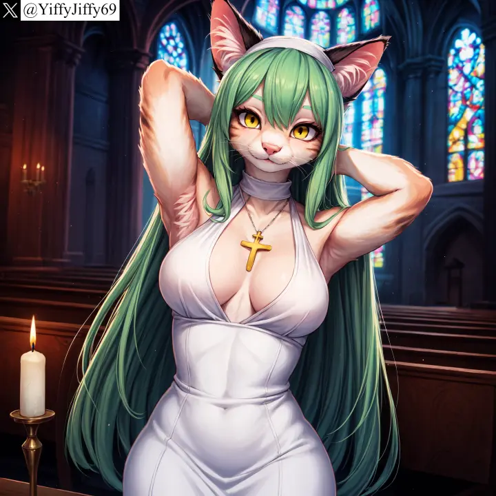 Image breasts,female,large_breasts,long_hair,looking_at_viewer,smile,solo,animal_ears,yellow_eyes,furry,animal_ear_fluff,cat_ears,cat_girl,watermark,ai_generated,artist_name,hairband,jewelry,anthro,furry_female,twitter,stable_diffusion,dress,necklace,indoors,green_hair,white_dress,covered_navel,feline,slit_pupils,domestic_cat,church,whiskers,twitter_username,candle,cross,yiffyjiffy69,candlestand