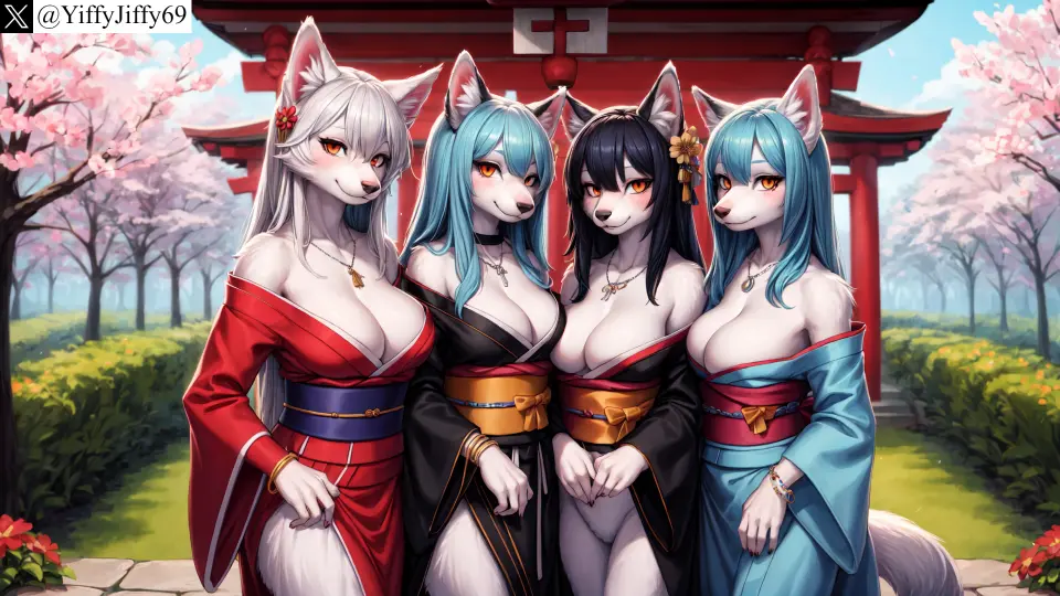 Image breasts,female,hair_ornament,large_breasts,long_hair,looking_at_viewer,open_mouth,red_eyes,smile,animal_ears,black_hair,blue_hair,multiple_girls,tail,furry,orange_eyes,animal_ear_fluff,watermark,ai_generated,artist_name,cleavage,jewelry,anthro,furry_female,twitter,stable_diffusion,necklace,outdoors,canine,off_shoulder,flower,2024,kimono,fox,torii,japanese_clothes,4girls,twitter_username,animal_nose,yiffyjiffy69,cherry_blossoms