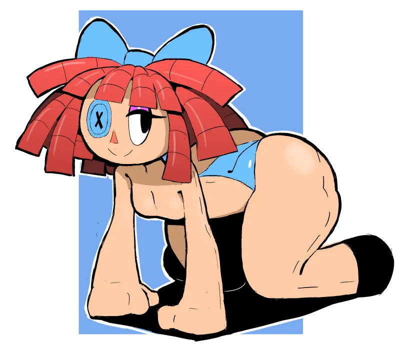 Image female,red_hair,big_ass,nude_female,big_thighs,crouching_female,doll_girl,half_naked,blue_panties,ragatha_(the_amazing_digital_circus),the_amazing_digital_circus,blue_bow,pink_eyelashes,plush_doll,eks-out