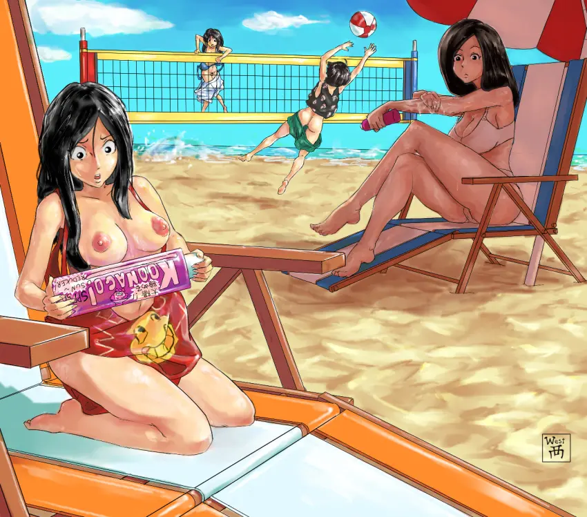 Image multiple_girls,beach,size_difference,sunscreen,volleyball,fetish,koonago,shrinking,shrinking_out_of_clothes