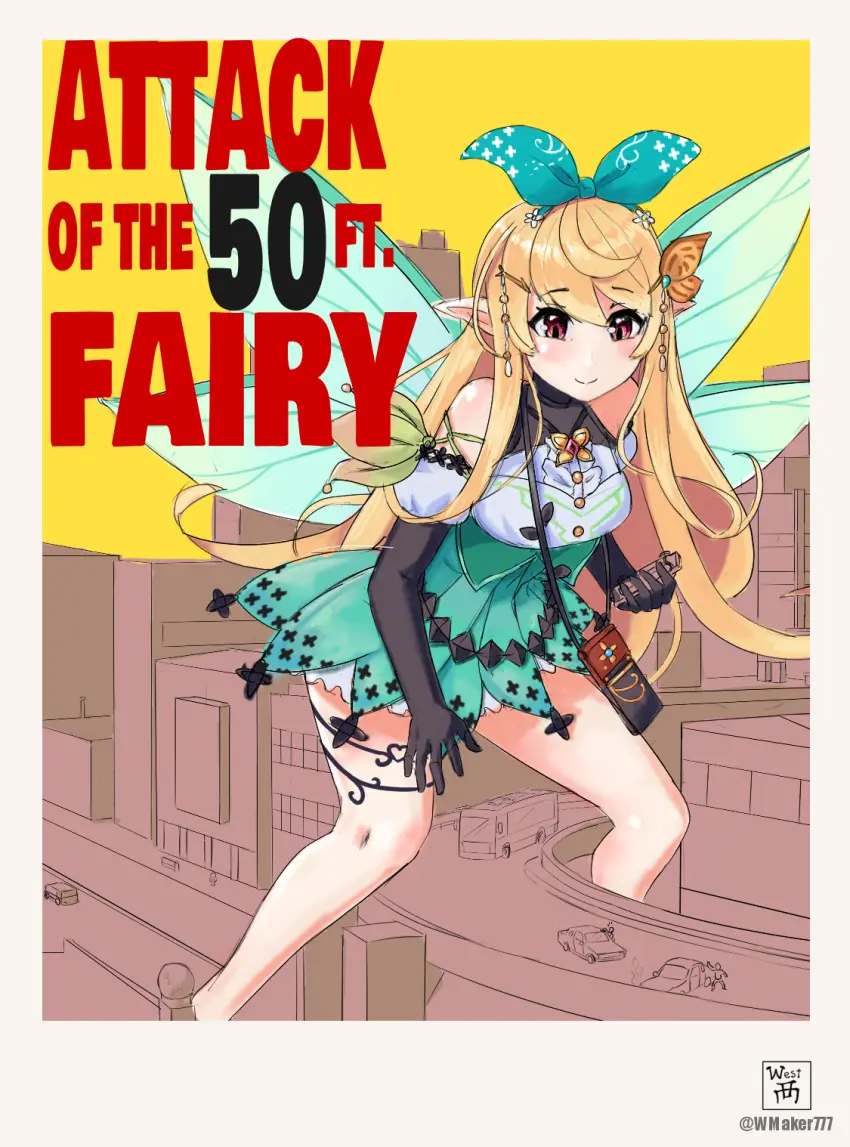 Image 1girls,clothing,female,female_only,light_skin,standing,female_focus,virtual_youtuber,digital_drawing_(artwork),size_difference,vtuber,2d,nijisanji,fully_clothed,giantess,nijisanji_en,city,fairy,fetish,attack,pomu_rainpuff,giant_fairy