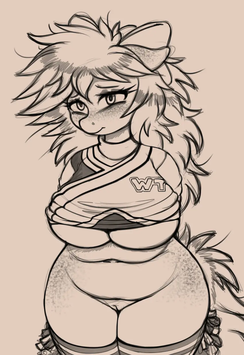 Image big_breasts,breasts,clothed,clothing,female,hi_res,shirt,simple_background,pussy,under_boob,anthro,genitals,shirt_lift,topwear,clothing_lift,cheerleader,cheerleader_uniform,femme_(oc),replica_(artist)
