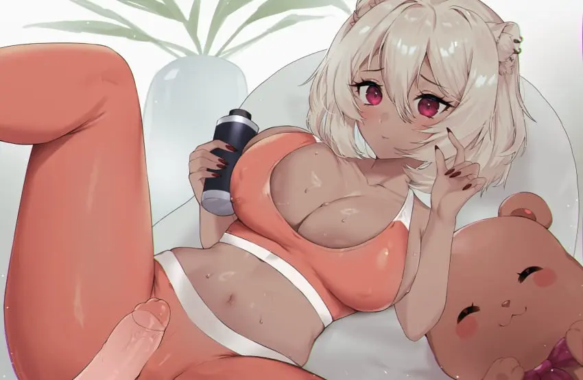 Image 1girls,breasts,female,highres,large_breasts,light_skin,red_eyes,1boy,animal_ears,male,navel,penis,short_hair,straight,sweat,lying,on_back,uncensored,dark_skin,virtual_youtuber,sports_bra,cleavage,covered_nipples,midriff,solo_focus,light-skinned_male,dark-skinned_female,hair_between_eyes,closed_mouth,light_brown_hair,holding,bear_ears,indie_virtual_youtuber,fingernails,long_fingernails,black_nails,leggings,bottle,holding_bottle,teddy_bear,stuffed_toy,stuffed_animal,hachimitsu_ai,lost-phews,orange_leggings,orange_sports_bra