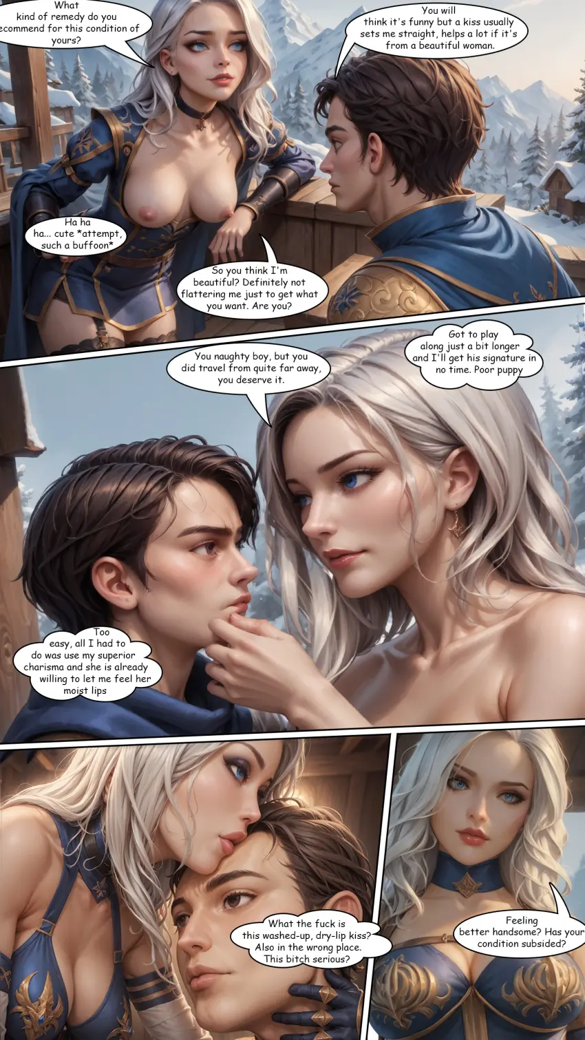 Image breasts,female,large_breasts,long_hair,nipples,white_hair,blue_eyes,nude,choker,tongue,ai_generated,cleavage,comic,breast_press,eye_contact,kissing,league_of_legends,french_kiss,blue_dress,apogeeblack,ashe_(league_of_legends)
