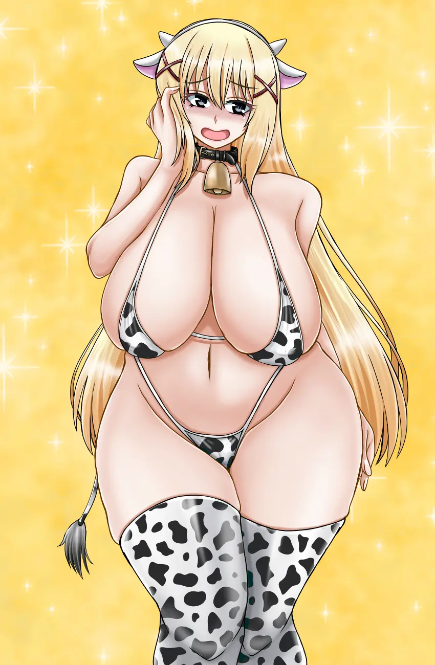Image 1girls,breasts,female,large_breasts,long_hair,bikini,blonde_hair,cow_print,cow_girl,cow_print_bikini,darkness_(konosuba),kono_subarashii_sekai_ni_shukufuku_wo!,tk_(butakuma)