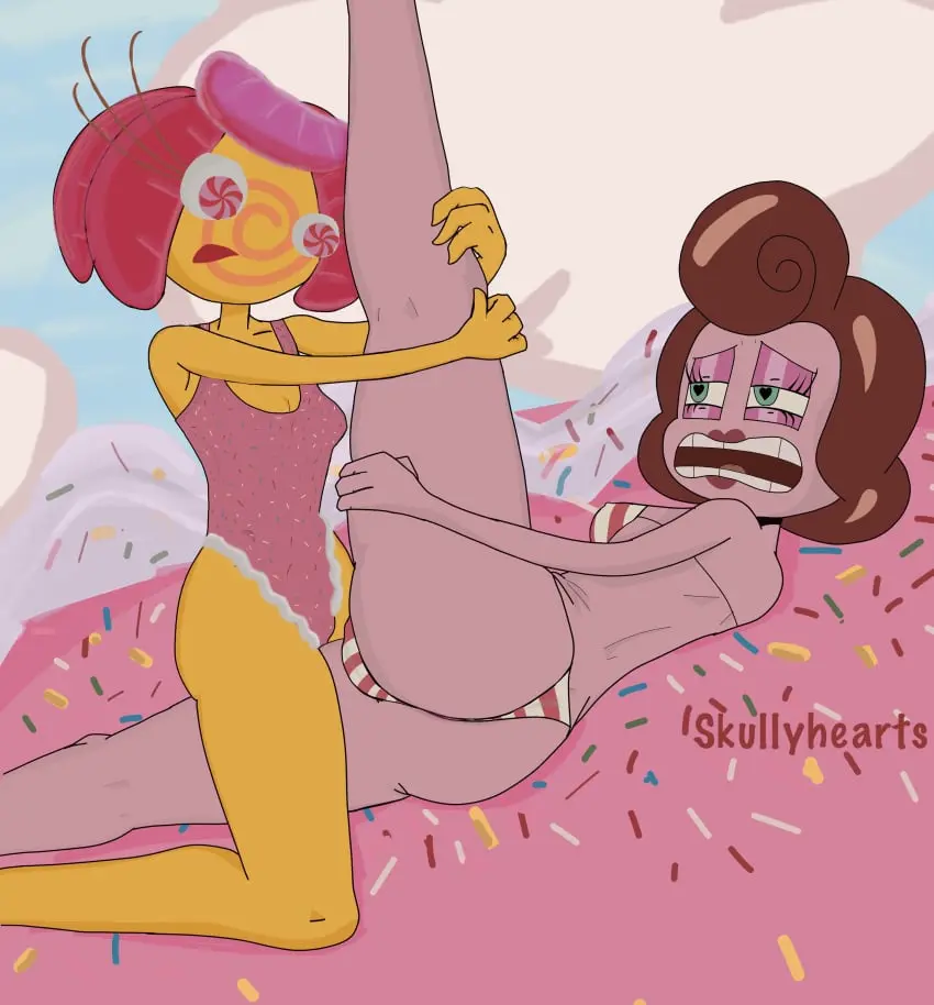 Image female,female_only,2girls,multiple_girls,panties,leg_up,female/female,lesbian_sex,scissoring,tribadism,pink_skin,crossover,yellow_skin,royalty,the_amazing_digital_circus,cuphead_(game),royal,cake,princess_loolilalu,baroness_von_bon_bon,the_cuphead_show,frosting,ice_cream_cone,skullyhearts,ice_cream_cone_hat