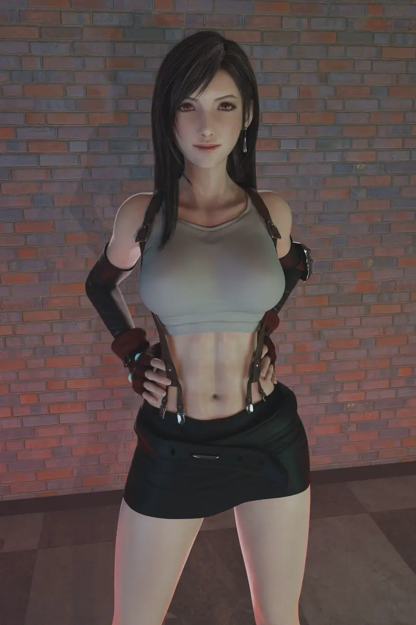 Image 1girls,female,female_only,light-skinned_female,looking_at_viewer,red_eyes,female_focus,solo_female,dark_hair,3d,blender,skirt,final_fantasy,final_fantasy_vii,tifa_lockhart,abs,asian_female,tank_top,square_enix,hands_on_waist,enigmaj
