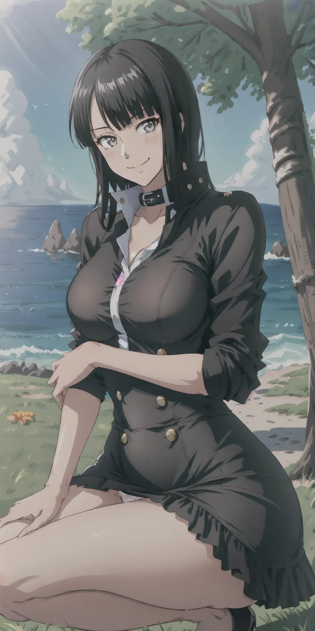 Image 1girls,clothed,female,female_only,solo,black_hair,underwear,one_piece,smiling,smiling_at_viewer,ai_generated,text,artist_request,black_dress,squatting,pink_panties,nico_robin,softcore,pantyshot,panty_peek,knees_together,pre-timeskip