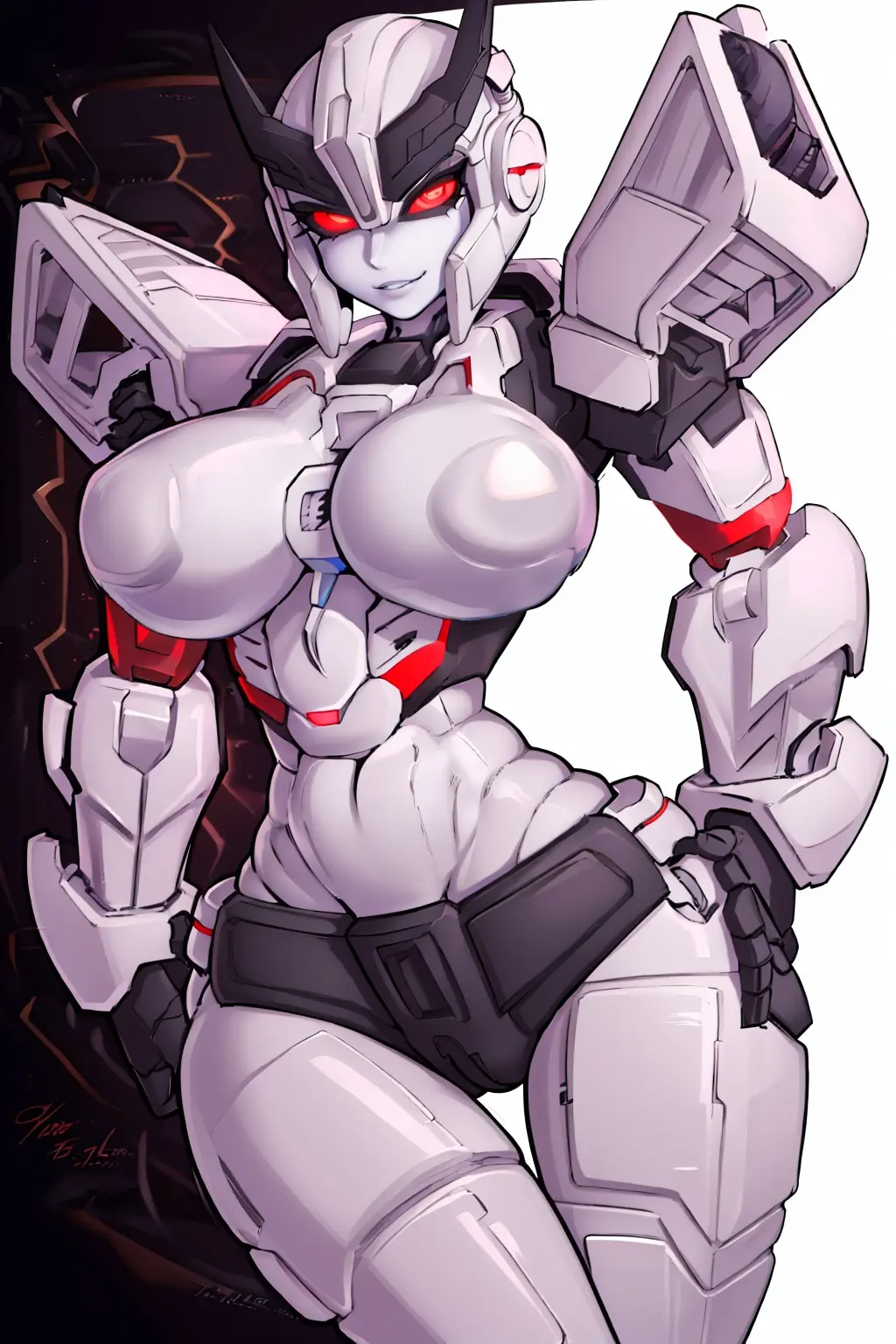 Image 1girls,big_breasts,breasts,female,female_only,looking_at_viewer,red_eyes,solo,thick_thighs,ai_generated,sole_female,curvy,curvy_figure,pose,pinup,artist_signature,alien,alien_girl,robot_girl,transformers,decepticon,transformers_g1,roger1011,megaempress