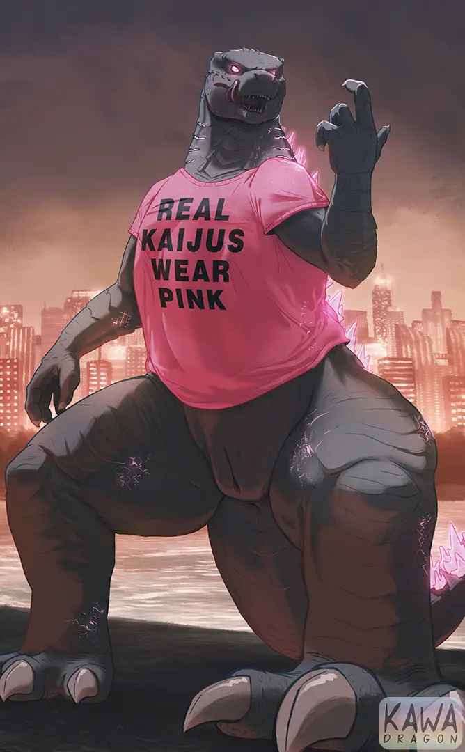 Image clothed,clothing,shirt,solo,male,tail,tongue_out,tongue,water,watermark,sky,shaded,anthro,text,anus,pink_eyes,cloud,glowing_eyes,genitals,grey_body,claws,toe_claws,bottomless,english_text,biped,scales,scalie,animal_genitalia,topwear,glowing,genital_slit,pink_clothing,city,pink_topwear,finger_claws,pink_shirt,city_background,godzilla_(series),kaiju,thick_tail,bottomless_anthro,grey_scales,drakawa,toho,godzilla_(2014)