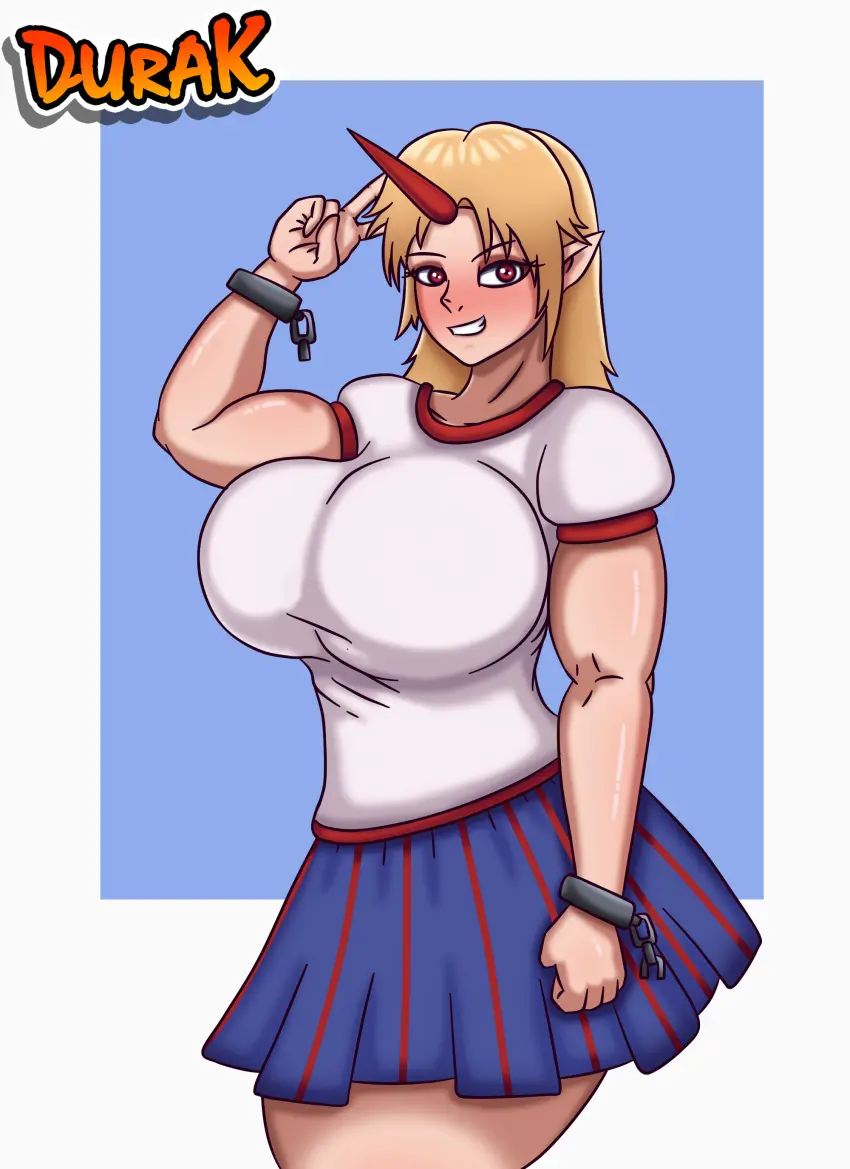Image 1girls,breasts,female,female_only,red_eyes,solo,touhou,female_focus,hips,blonde_hair,thick,horn,hoshiguma_yuugi,durak