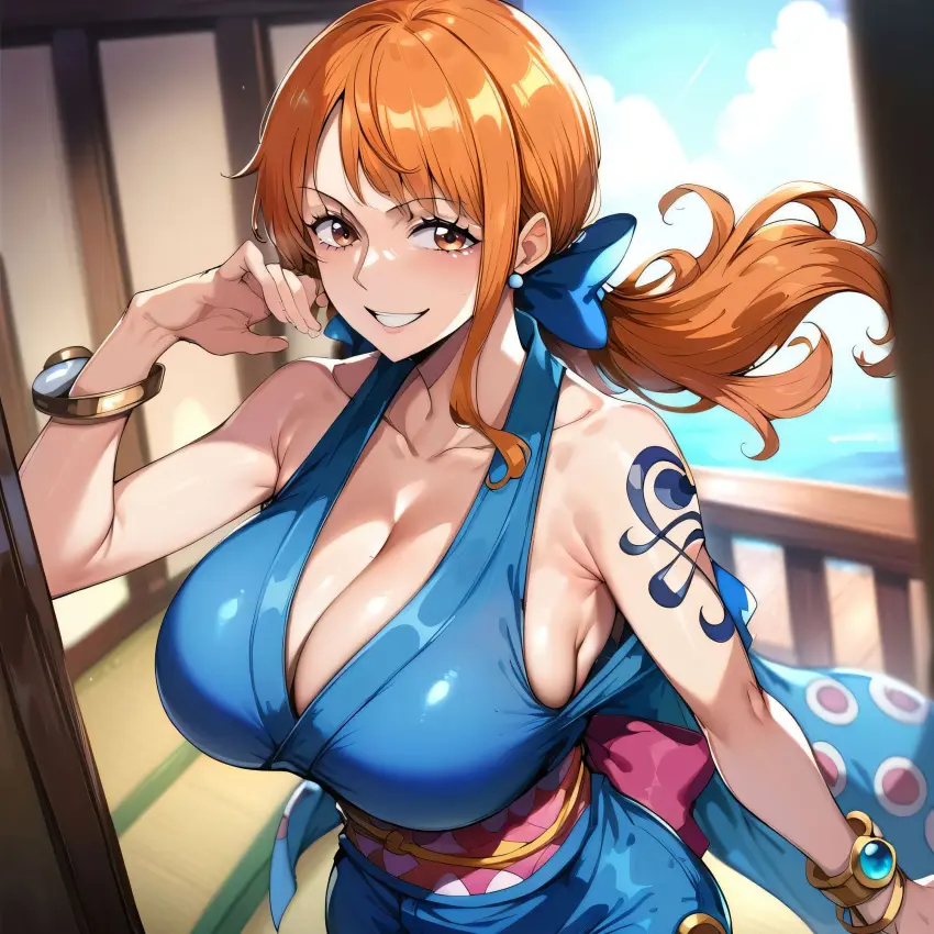 Image 1girls,big_breasts,breasts,female,female_only,large_breasts,nipples,one_piece,ai_generated,nami_(one_piece),post-timeskip,huge_breasts,artist_request,busty,curvy,curvy_body,curvy_female,curvy_figure,alternate_breast_size,curvaceous,kimono,bostin
