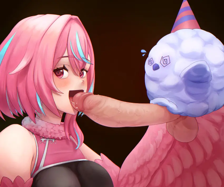 Image 1girls,female,1boy,male,penis,tongue_out,tongue,big_penis,hat,fellatio,virtual_youtuber,pink_hair,wings,vtuber,monster_girl,cock,dick,small_but_hung,bird,variant,china_dress,vrchat,harpy,sweetwings