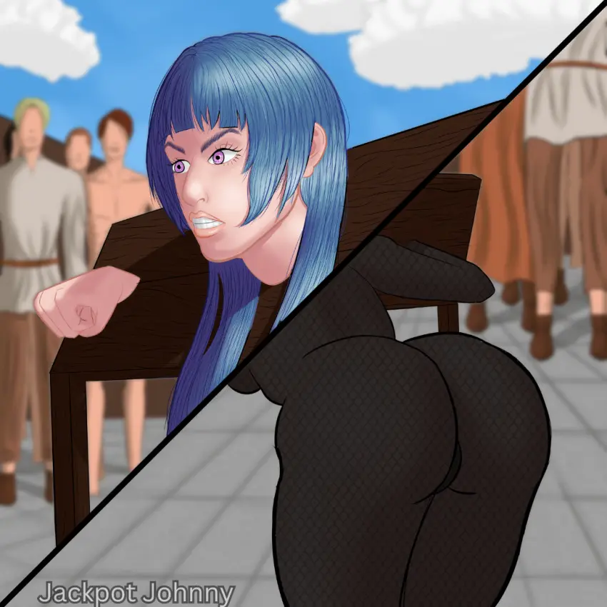 Image female,blue_hair,colored,female_focus,purple_eyes,public,fishnets,angry,pillory,medieval,different_angles