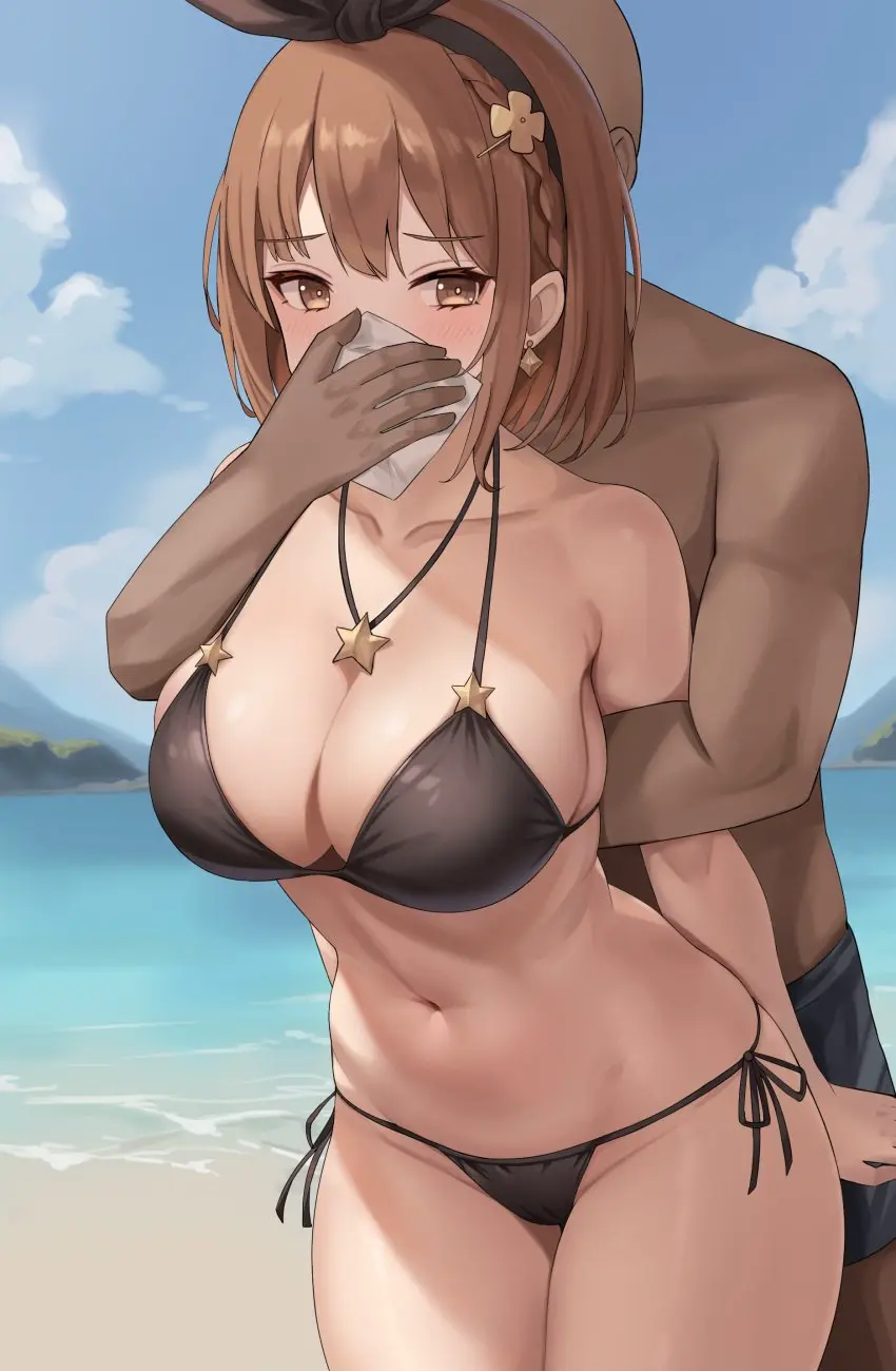 Image 1girls,big_breasts,blush,breasts,brown_eyes,cowboy_shot,female,hair_ornament,hi_res,large_breasts,light-skinned_female,light_skin,standing,1boy,male,navel,sidelocks,straight,bikini,earrings,thick_thighs,thighs,voluptuous,dark-skinned_male,dark_skin,wide_hips,beach,water,sky,cleavage,eyebrows_visible_through_hair,headband,thigh_gap,voluptuous_female,swimsuit,absurd_res,necklace,brown_hair,medium_hair,outdoors,restrained,fit,fit_female,slim_waist,black_bikini,matching_hair/eyes,star,arm_grab,molestation,nature,side-tie_bikini,paid_reward_available,commentary,variant_set,imminent_rape,variant,kidnapped,kidnapping,atelier_(series),atelier_ryza,reisalin_stout,hand_over_another's_mouth,chloroform,handkerchief,gust,memmemme