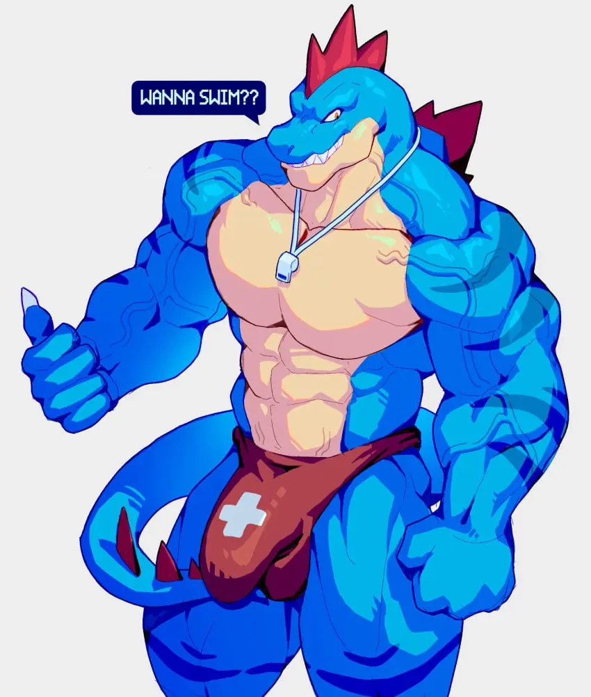 Image clothing,hi_res,simple_background,solo,male,pokemon,pokemon_(species),underwear,orange_eyes,muscular,muscular_male,male_only,yaoi,digital_media_(artwork),anthro,tan_body,gay,nintendo,bara,bulge,claws,muscular_anthro,blue_body,reptile,scales,scalie,detailed_bulge,generation_2_pokemon,blue_scales,crocodilian,tan_scales,feraligatr,whistle_around_neck,mixterart