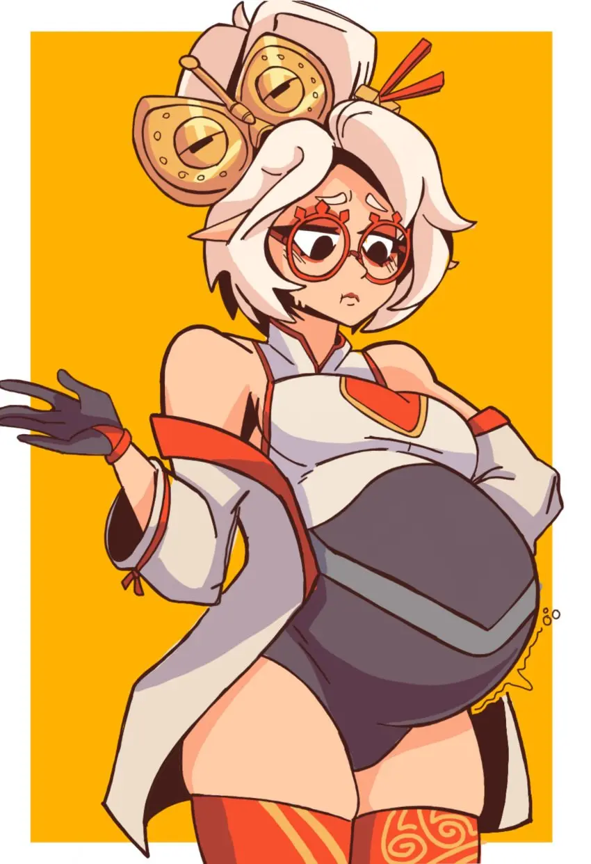 Image 1girls,breasts,female,female_only,solo,white_hair,thighhighs,thighs,big_belly,glasses,medium_breasts,nintendo,breath_of_the_wild,the_legend_of_zelda,tears_of_the_kingdom,stuffed_belly,purah,:t,purah_(tears_of_the_kingdom),conspicuousbread