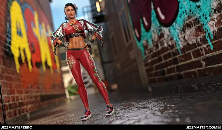 Image 1girls,female,female_only,hair_ornament,looking_at_viewer,smile,solo,standing,short_hair,bra,earrings,thick_thighs,dark_skin,wide_hips,pose,dark-skinned_female,3d,fit,fit_female,3d_(artwork),stomach,latina,feather_hair,full_body,bandai_namco,street,azucena_milagros_ortiz_castillo,namco,peruvian_female,tekken,tekken_8,sneakers,tight_pants,jizzmasterzero