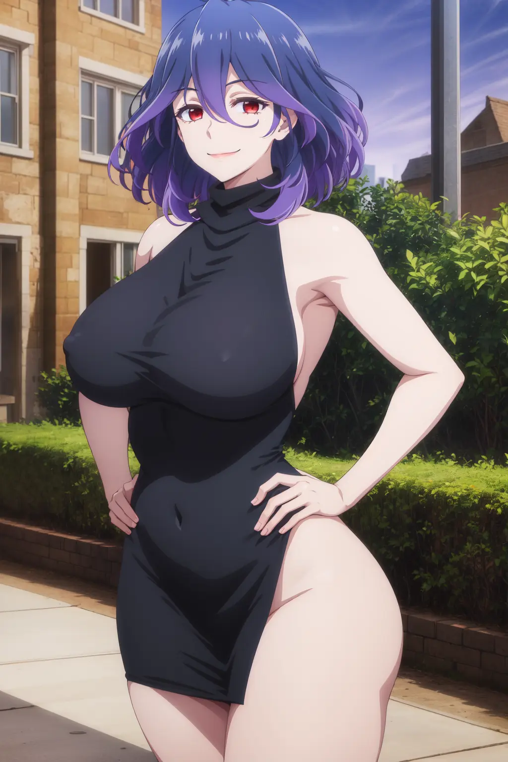 Image breasts,female,female_only,large_breasts,looking_at_viewer,nipples,red_eyes,smile,nude,female_focus,thick_thighs,multicolored_hair,milf,ai_generated,solo_focus,huge_breasts,thick,dress,demon,busty,curvy,curvy_female,curvy_figure,mature_female,purple_hair,demon_girl,black_dress,thick_legs,mature,outside,mommy,succubus,hands_on_hips,kinsou_no_vermeil,vermeil,vermeil_(kinsou_no_vermeil),vermeil_in_gold,kiraaiart,light_from_above
