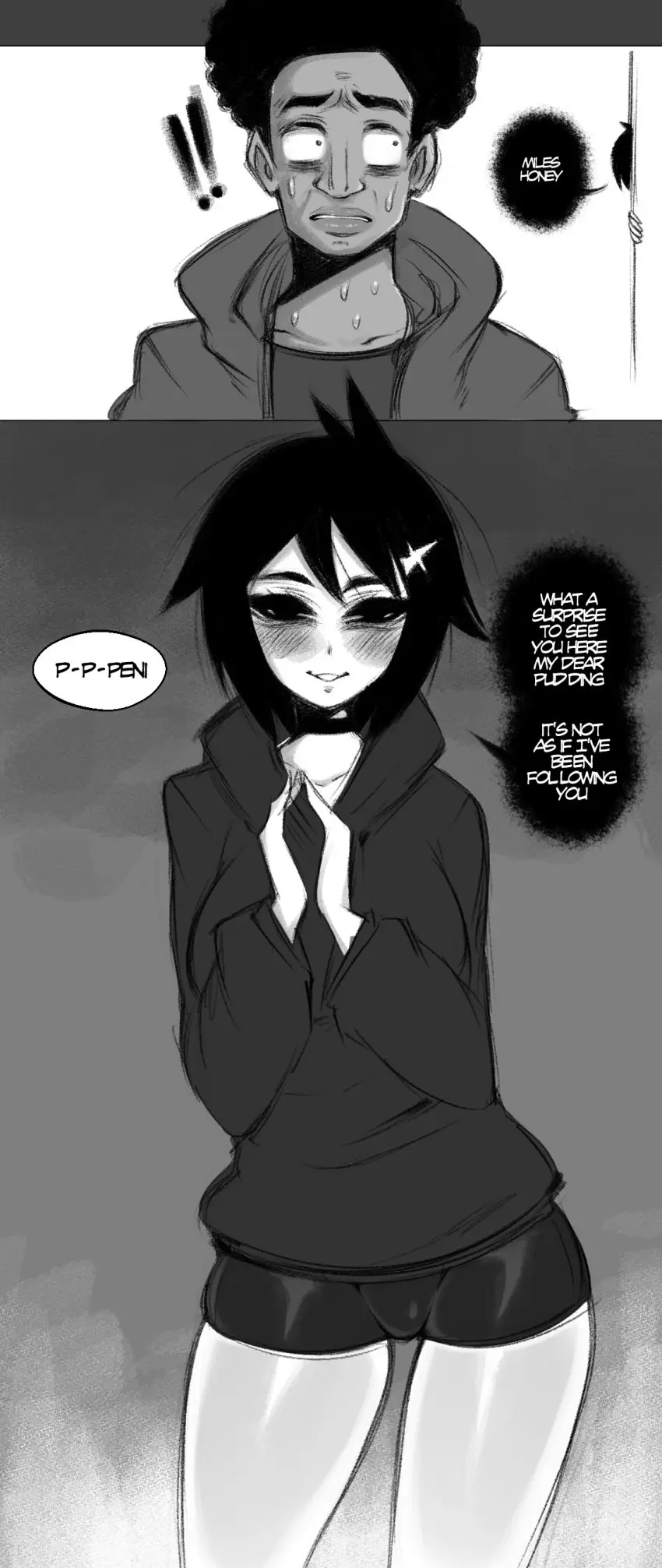 Image 1girls,female,light-skinned_female,light_skin,1boy,black_hair,male,thighs,dark-skinned_male,dark_skin,aged_up,shorts,speech,asian,asian_female,marvel,marvel_comics,spider-man_(series),yandere,saltyxodium,spider-man:_across_the_spider-verse,spider-man:_into_the_spider-verse,miles_morales,peni_parker